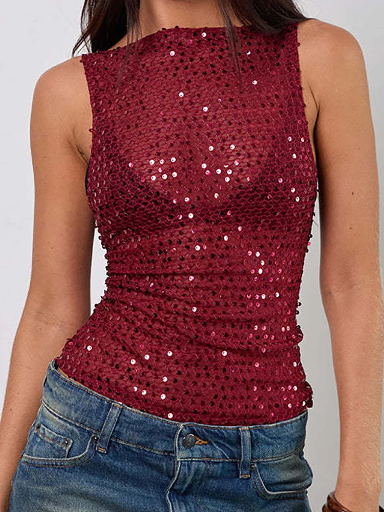 Printemps été creux sans manches haut à paillettes décontracté col rond serré couleur unie T-shirt dame Sexy Perspective Festival de musique Blouses