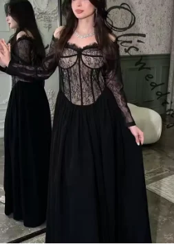 abiti da ballo eleganti neri personalizzati a maniche lunghe con scollo a cuore in pizzo pieghettato fino al pavimento abiti da festa abiti da sera