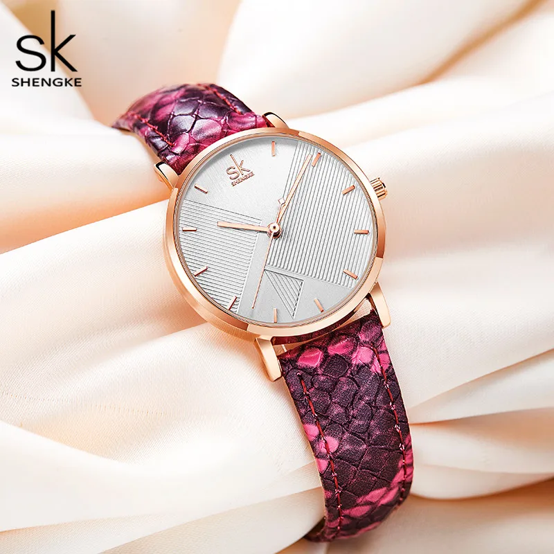 Shengke Original Design Woman Quartz Wristwatches Fashion Snake Leather Strap Women\'s Watches Top New Luxury Red Ladies Clock