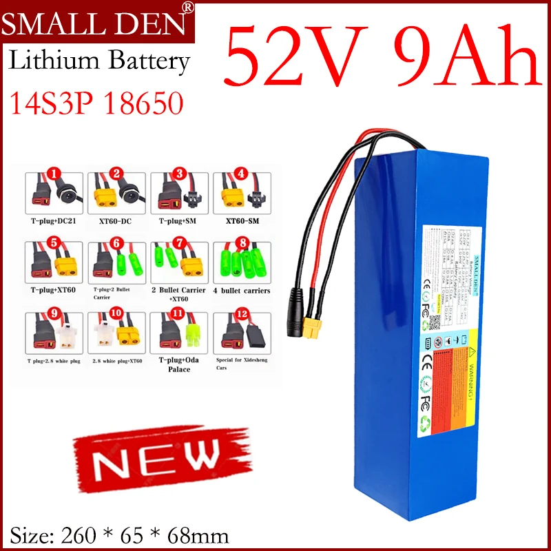 

New 52V 9Ah lithium-ion battery pack 18650-14S3P with built-in high-power BMS, suitable for 48V 0-1500 batteries+2A charger