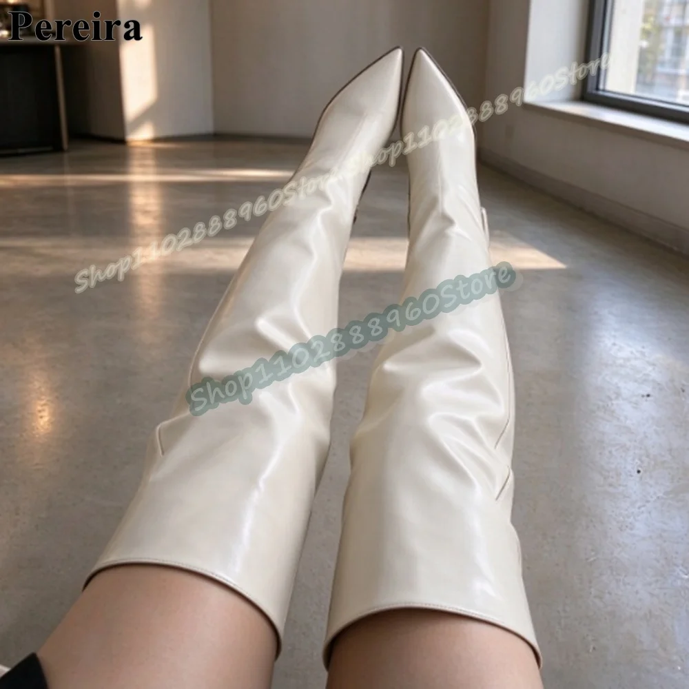 Simple Over The Knee White Matte Leather Pointy Boots Chunky High Heel Shoes For Women Slip On Pointed Toe Zapatos Para Mujer