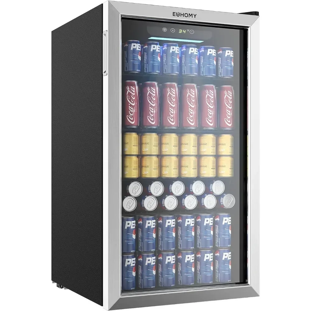 Geladeira e refrigerador para bebidas, mini geladeira de 126 latas com porta de vidro, geladeira pequena com prateleiras ajustáveis para cerveja com refrigerante