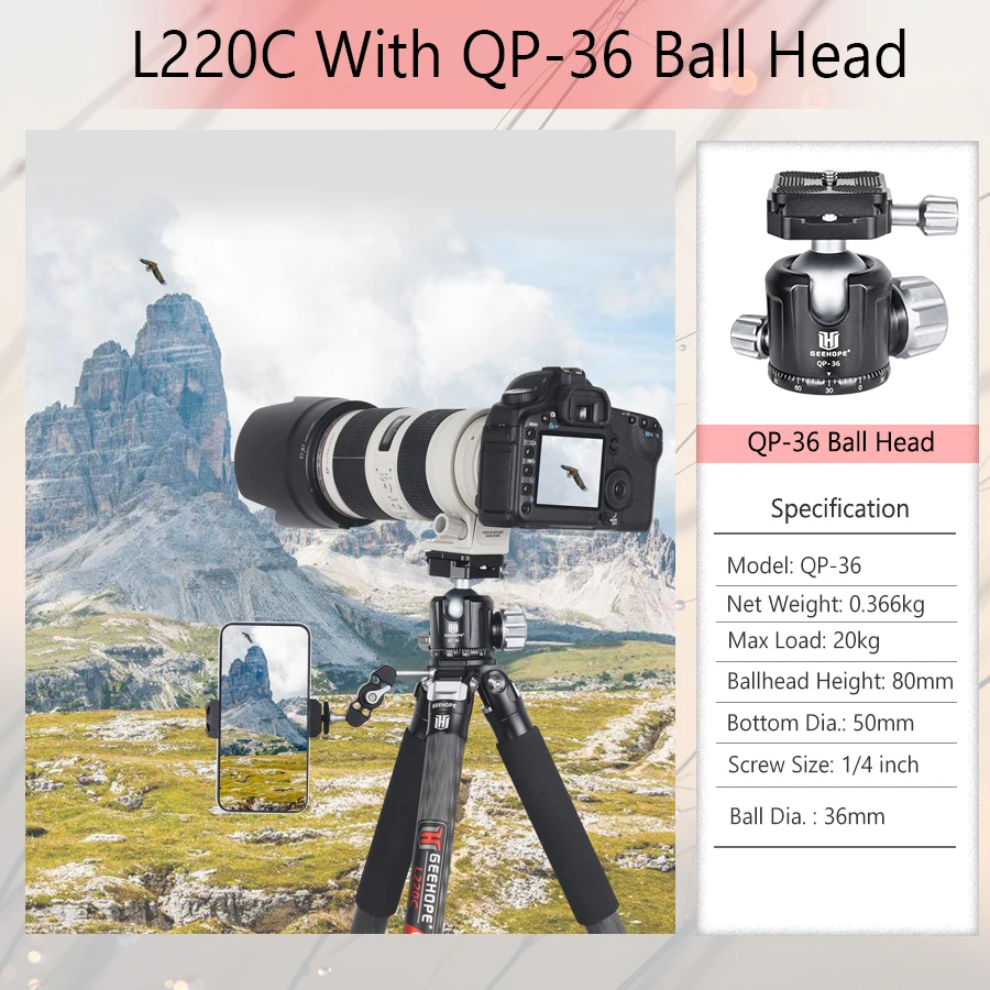 GEEHOPE L220C/L330C Compact Carbon Fiber Tripod Professional Camera Stand for DSLR Video Camcorder Load 25kg add Center Column