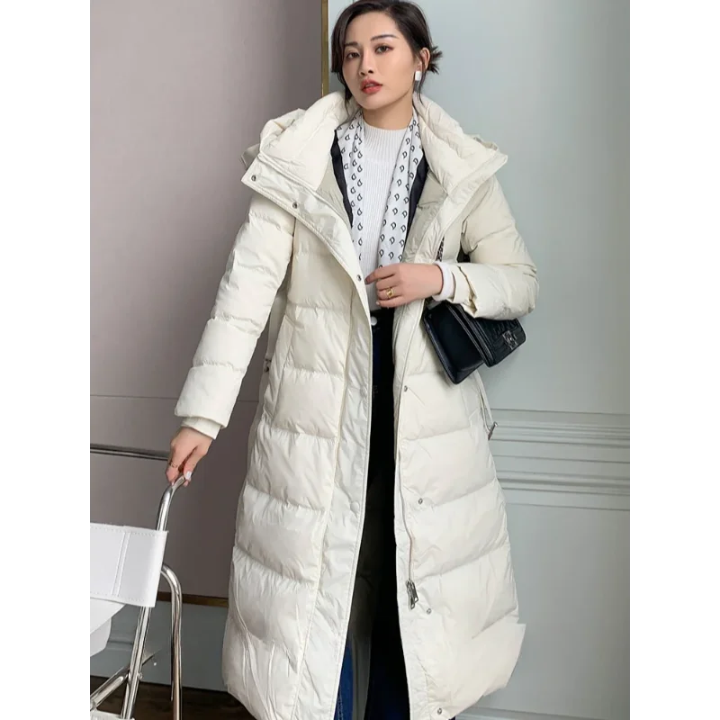 Women\'s Winter Long Down Jacket 90 White Duck Down Thickened Hooded with Belt Fashion Slim Solid Color Windproof Women\'s Coat