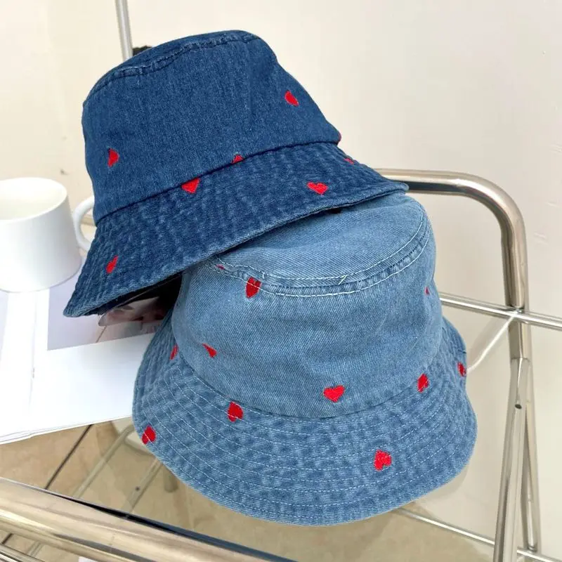 Embroidered Heart Cotton Summer Jeans Bucket Hat Cap For Women Spring Fisherman Hat Outdoor Travel Ladies Hat Gift Wholesales