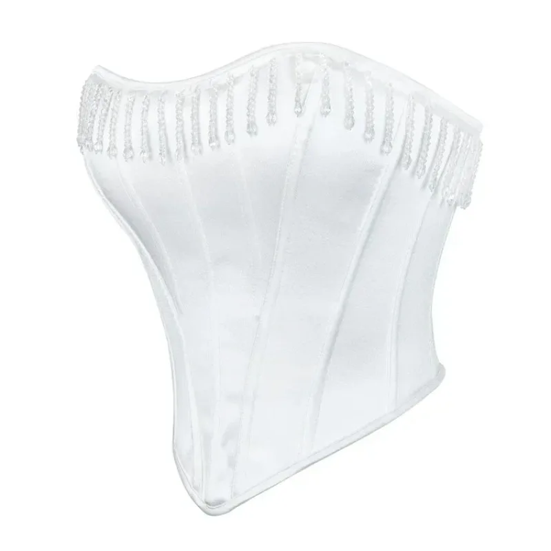 

Elegant Women's Strapless Corset Crop Top with Pearl Tassel Satin Bustier for Wedding Partywear