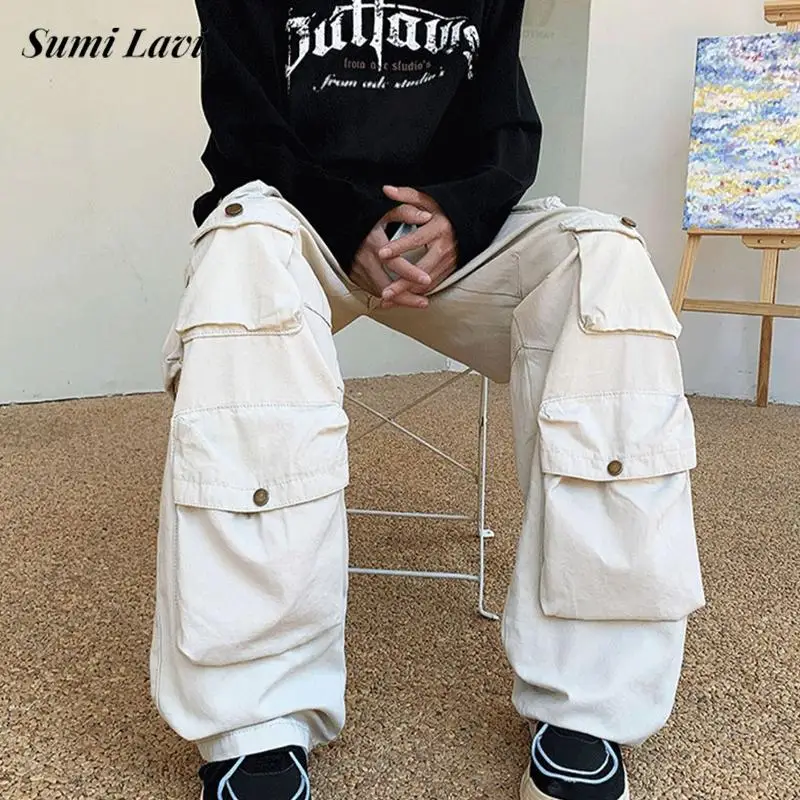

Stylish Multi Pocket Loose Trousers For Mens Spring Streetwear Vintage Solid Color Straight Cargo Pants Men Casual Baggy Trouser
