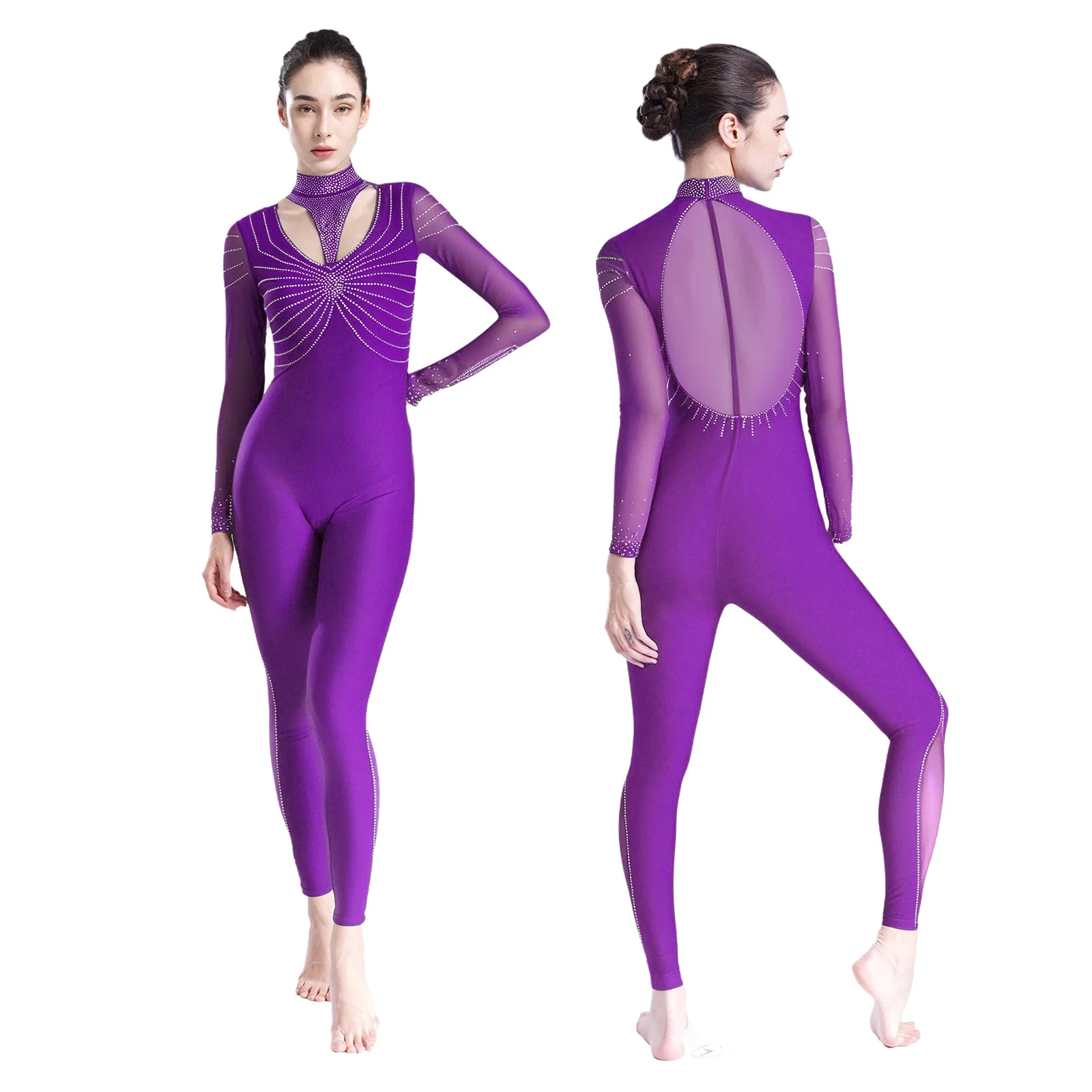 Mono elegante de baile lírico para mujer, diseño de retazos transpirable con cremallera oculta, mono de baile para espectáculo de patinaje sobre hielo