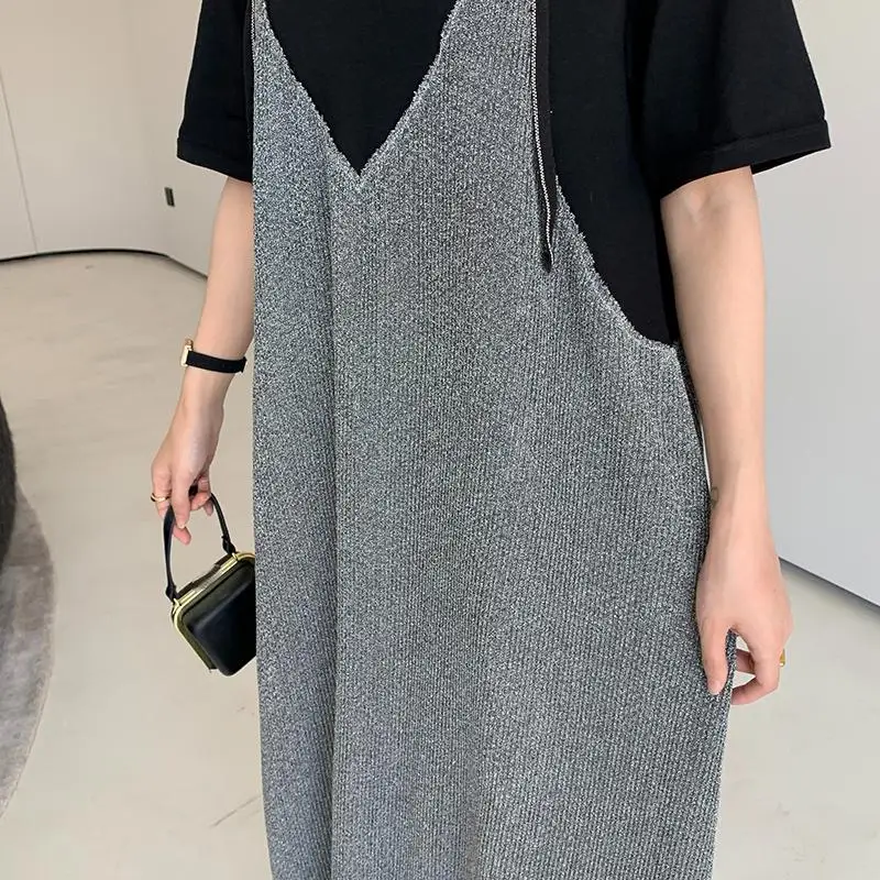 Dimanaf 2023 プラスサイズ Tシャツ夏の女性の綿ルーズビーチカジュアル女性メッシュ V ネックツーピース黒 A ラインドレス