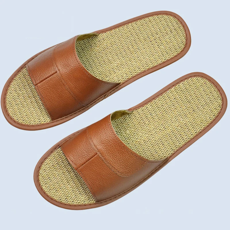 Zapatillas de piel de vaca auténtica para hombre y mujer, chanclas antideslizantes de suela suave, informales, para interiores, Verano