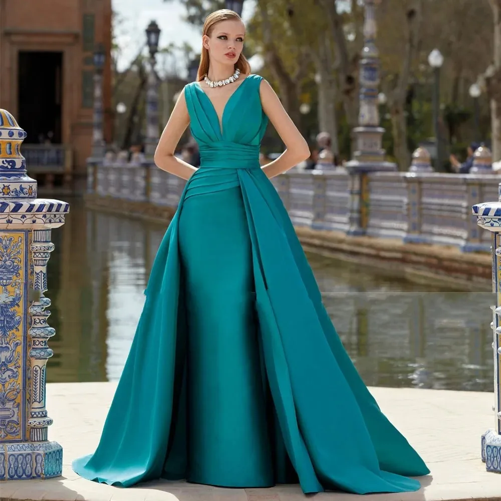 

2026 Elegant Turquoise Formal Evening Dress V Neck Pleats Sleeveless Long Satin Mermaid Prom Pageant Party Gowns Robe De Soiree