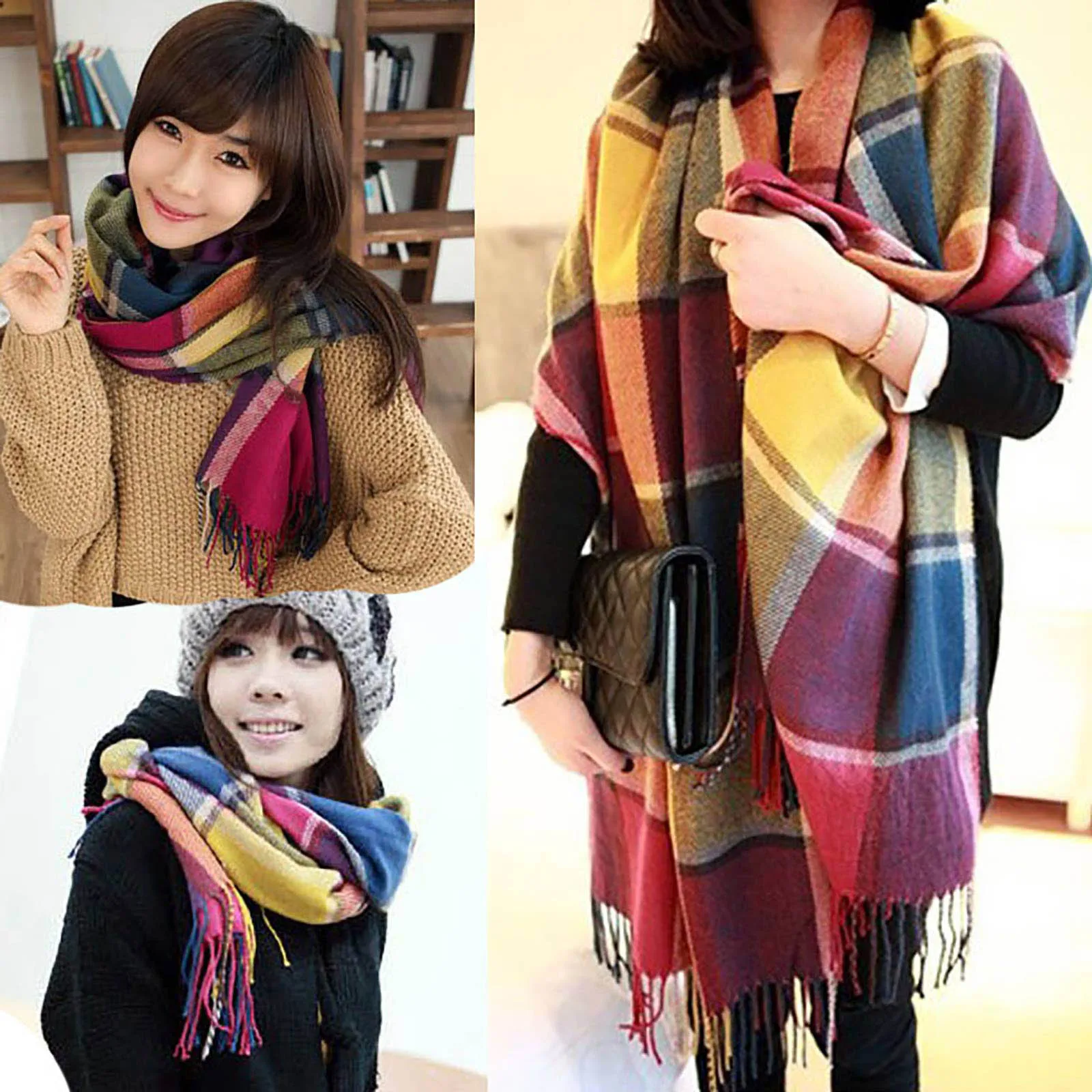 Winter Sets For Women Unique Accessories Scarf Women Hijab 2023 Thick Warm Set Knitted Checkered Neckerchief Scarf 2024 목도리