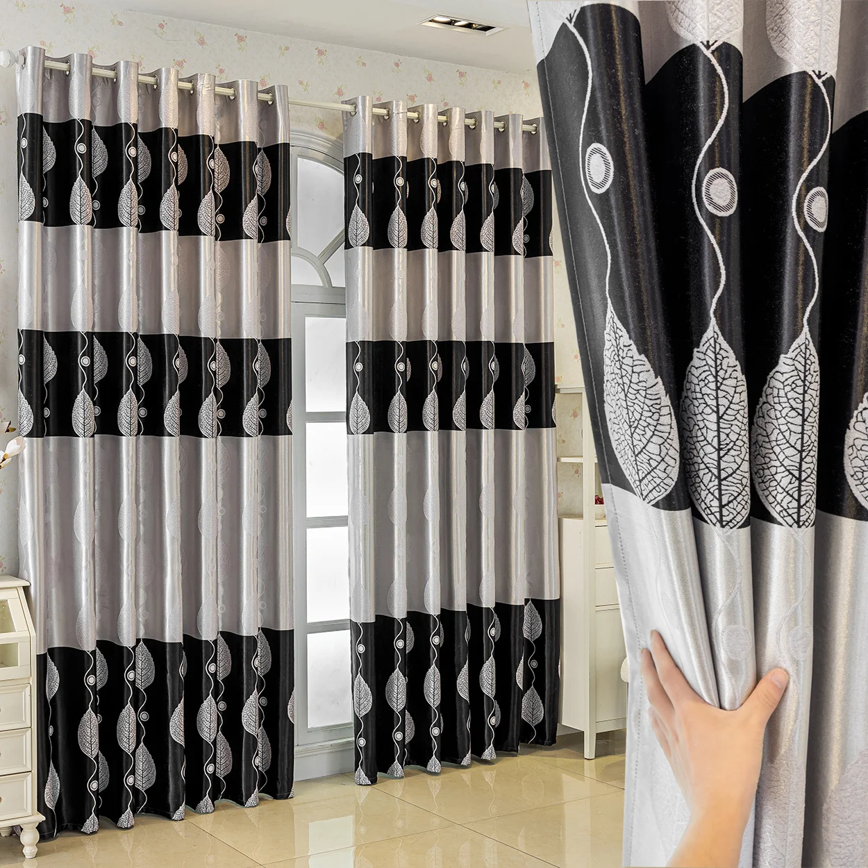1pc Jacquard Blackout Curtains, Modern Minimalist Black & White Leaf Pattern, for Living Room & Bedroom