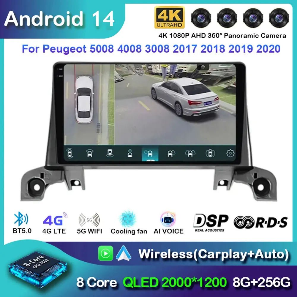 Android 14 Carplay Car Radio For Peugeot 5008 4008 3008 2017 2018 2019 2020 Navigation GPS Multimedia Player wifi+4G SIM BT DSP