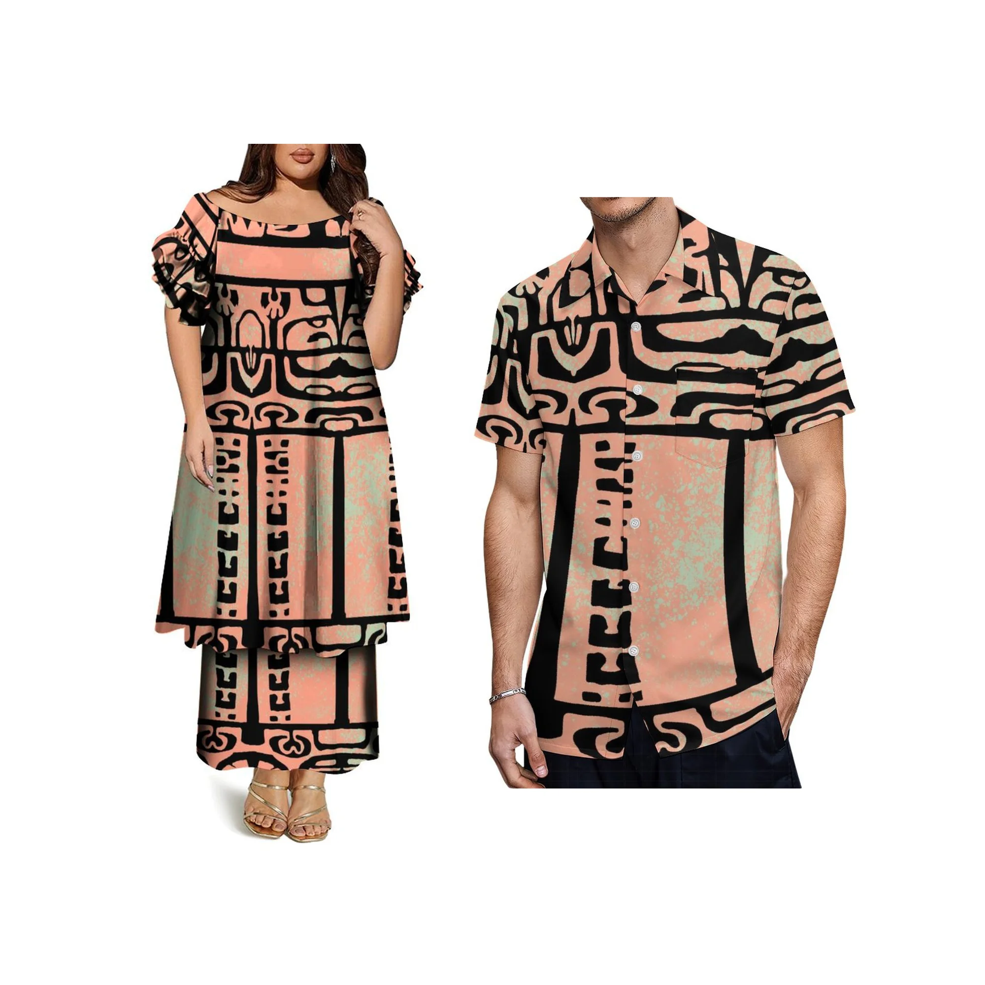 Custom Hawaii Print Green Samoa Puletasi Dress Big Size Women Double Frill Short Sleeve Dress off the Shoulder Long Dress 2pcs