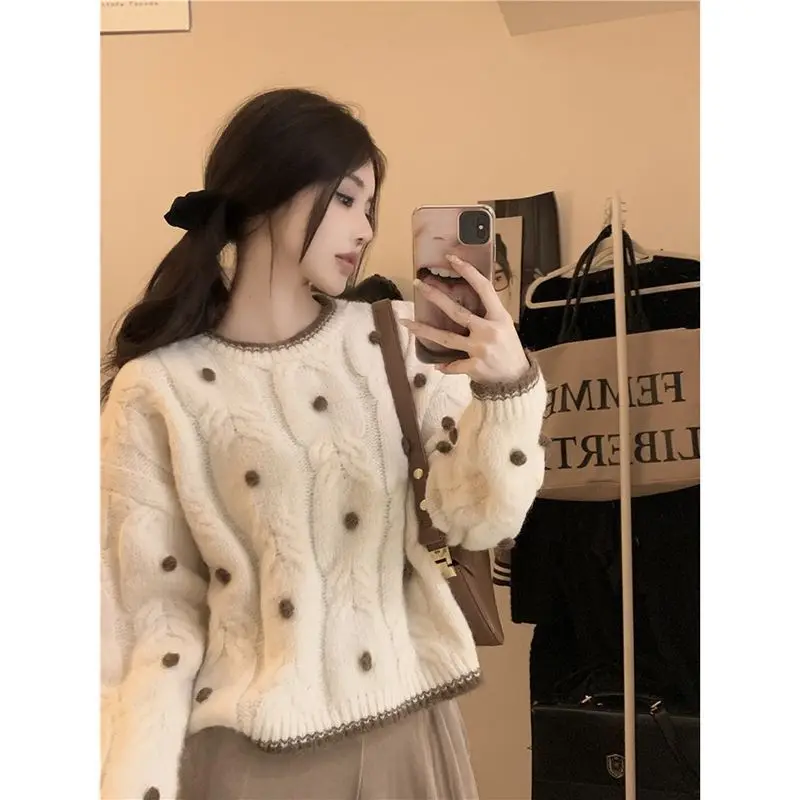 Women Autumn Winter Simplicity Loose Sweater Contrast Color O-neck Long Sleeve Knitwear Fashion All-match Trend Knitting Tops