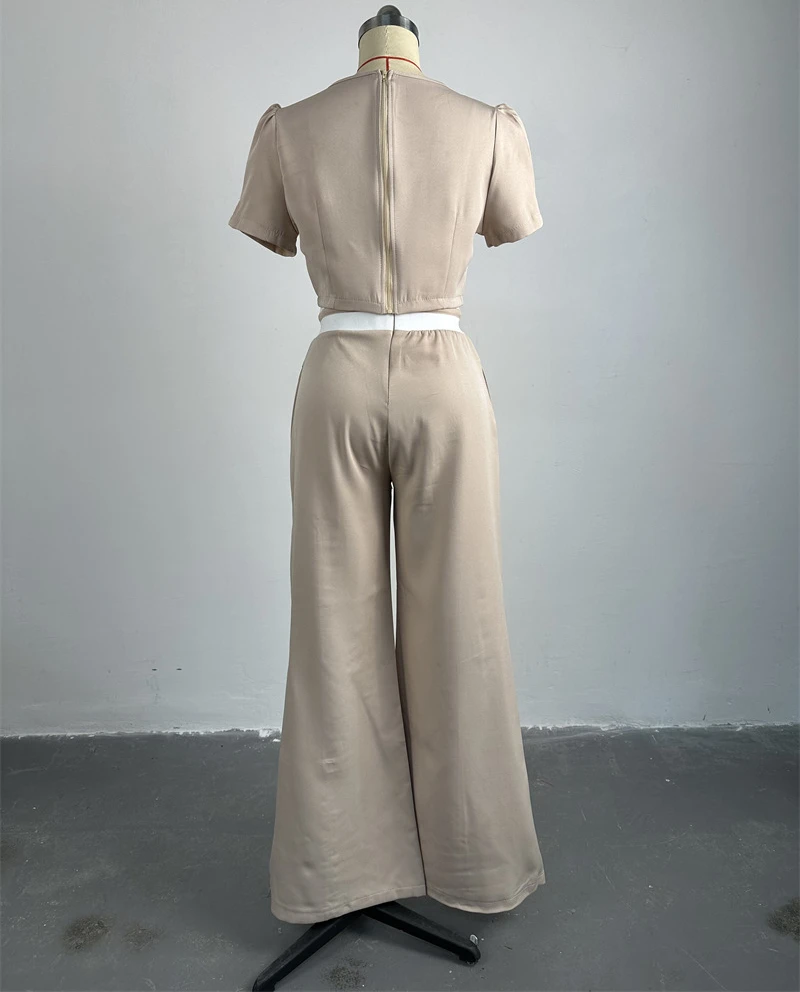 Solid Color Fashion Women's Two-piece Set Short Sleeve Round Neck T-shirt Casual Wide Leg Pant Sets