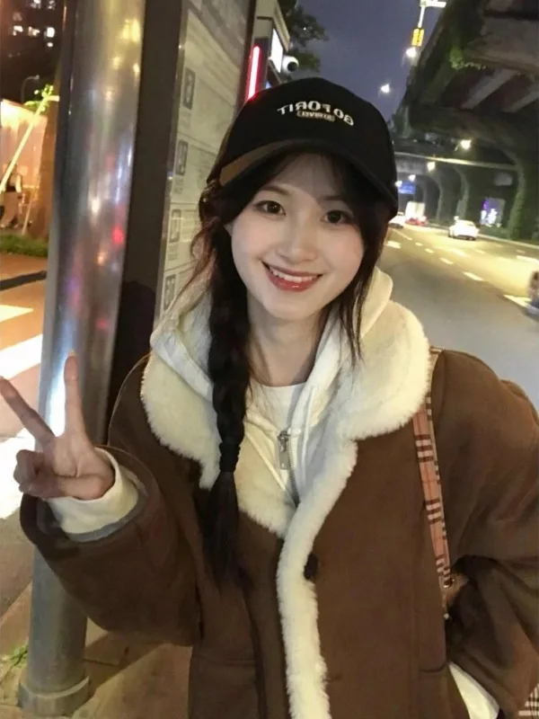 Lamb Fur Inteated Leather Coat Women's ort Thiened Autumn Winter Warm Casual Loose Fit Cotton Jaet with Collar