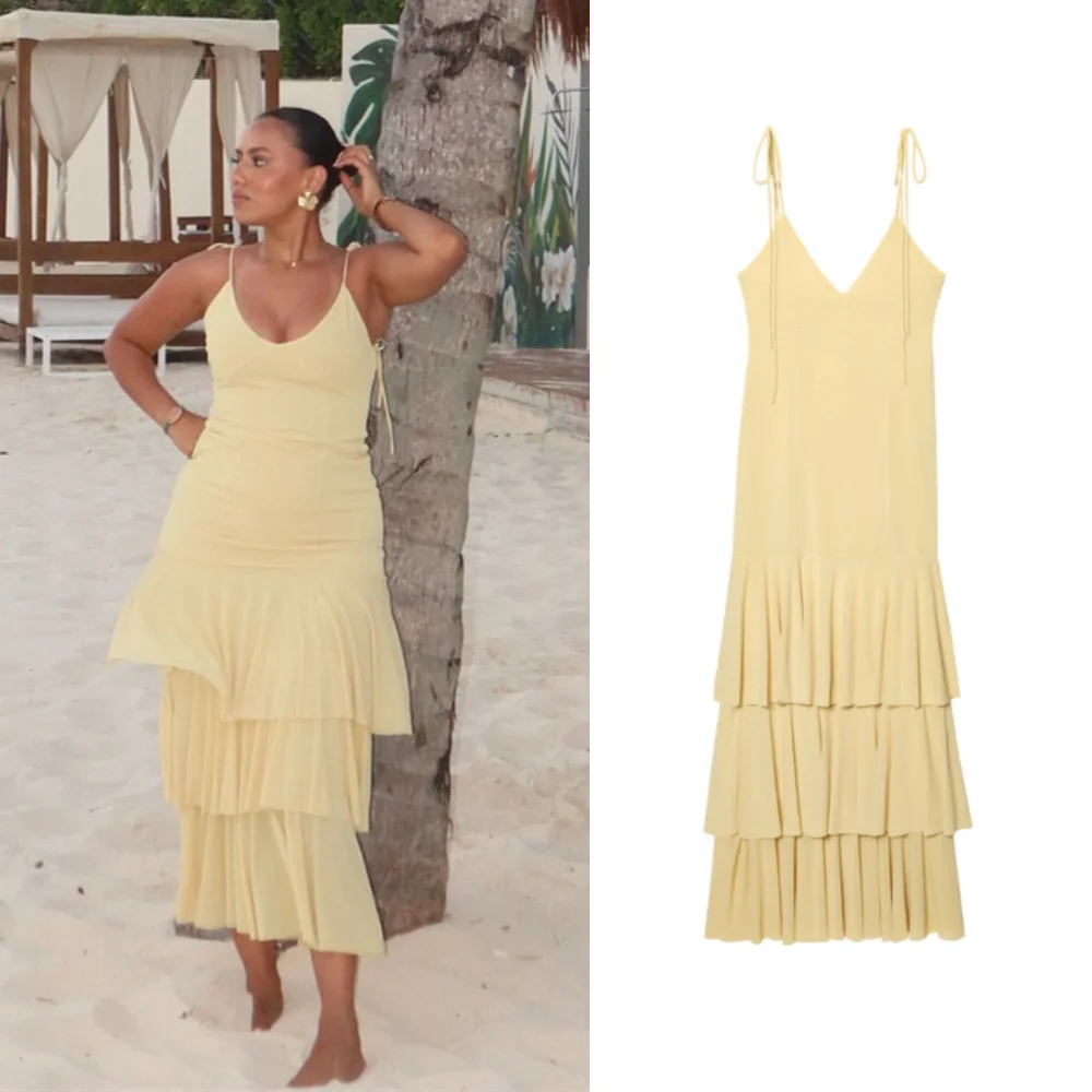 2025 doce e simples decote em v em camadas decoração cintura alta suspender vestido estilo férias vestido longo roupas femininas