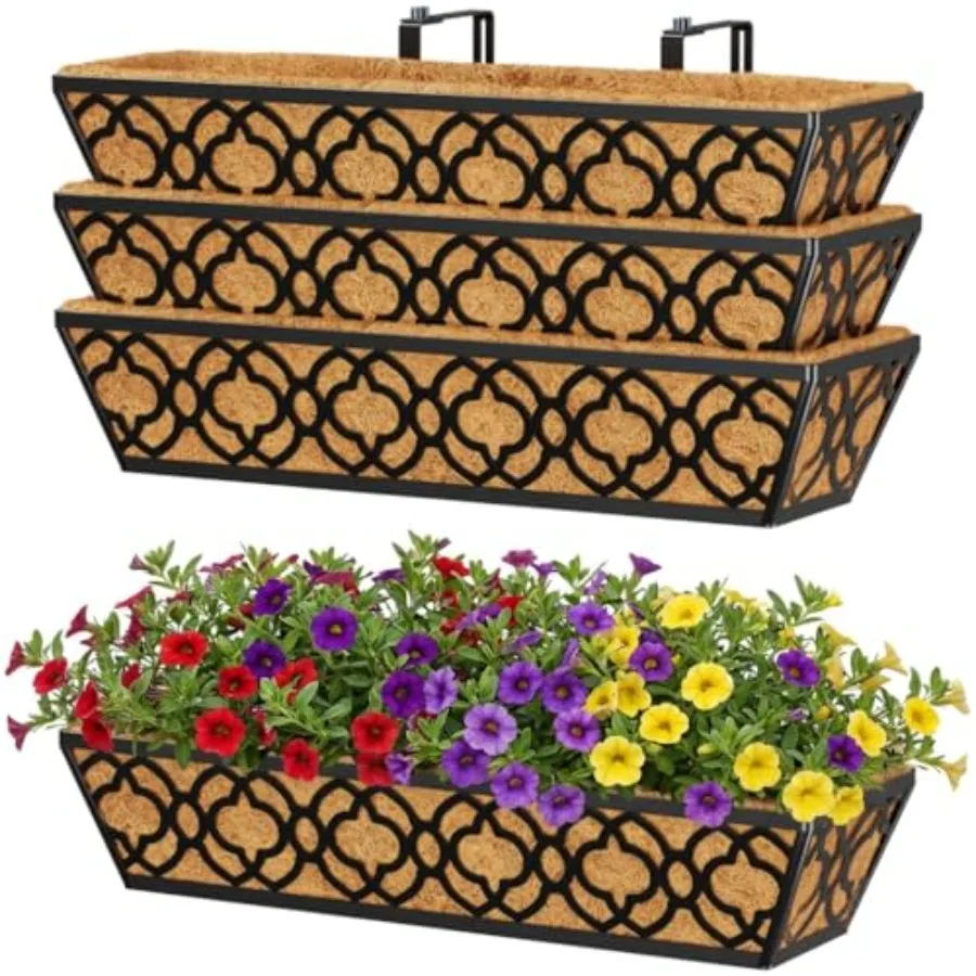 

Комплект из 4-х 24-дюймовых железных кашпо для оконных и балконных перил с кокосовым вкладышем для улицы, террасы, патио