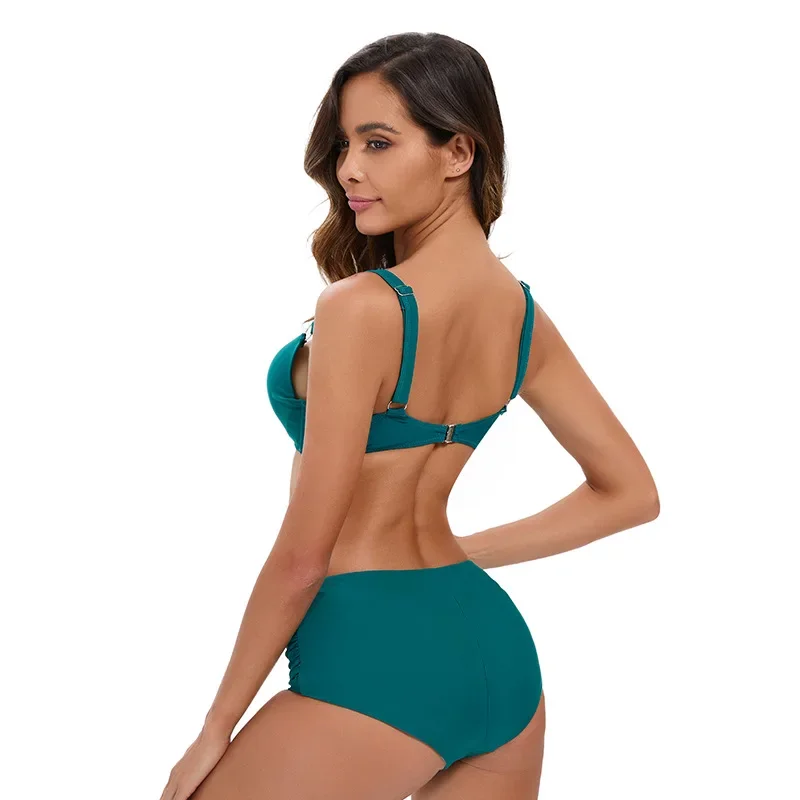 Nouveau Style femmes Sexy couleur unie taille haute Triangle Bikini avec froncé dos nu conception maillots de bain Bikinis ensembles