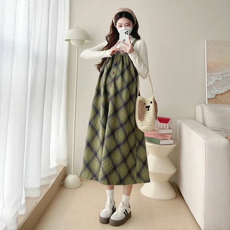 Plus Size Maternity Dress Suits Autumn Long Sleeve Slim Shirt+green Plaid Strap Dress Twinset Fashion Pregnant Woman Clothes Set