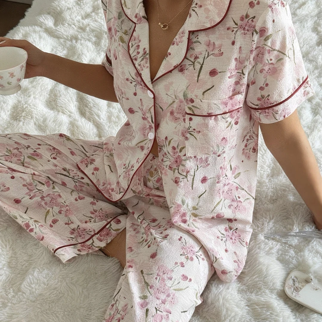 

Розовый женский пижамный комплект на пасхальную тематику с красочным цветочным принтом, с отворотами, с короткими рукавами и шортами, домашняя одежда, подарки