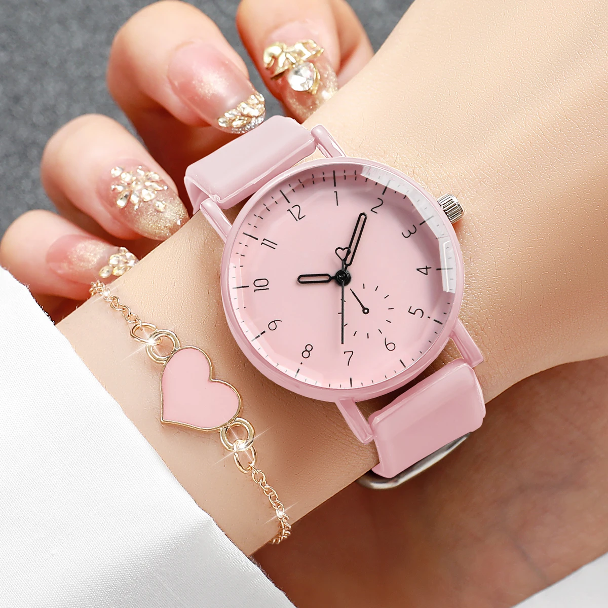 2PCS Fashion Arabic Dial Women Watches Heart Bracelet Set Casual Silicone Band Girls Quartz Wristwatch Reloj Mujer (Without Box)