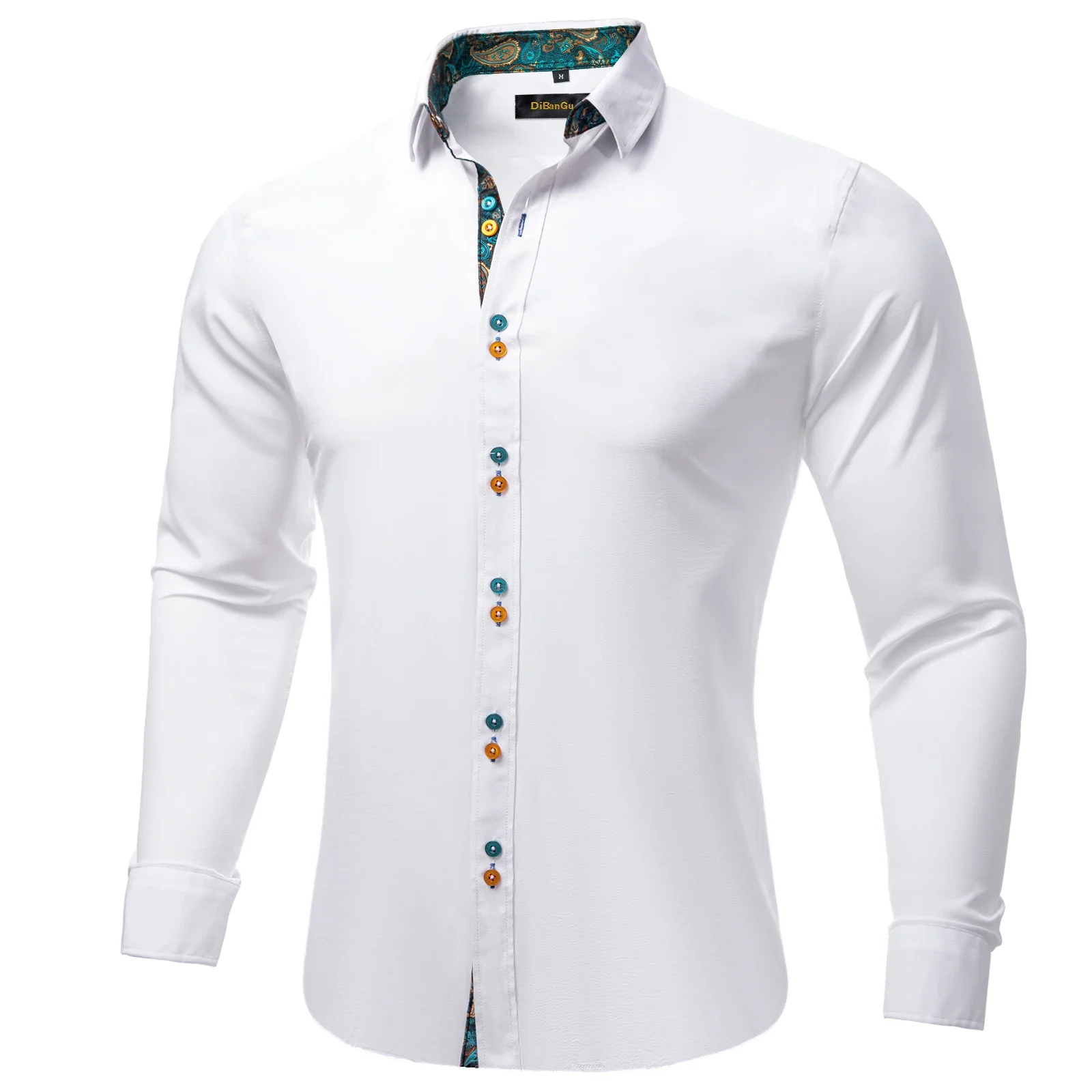 

Luxury White Solid Men's Dress Shirt Long Sleeve Fashion Contrast Cuff and Collar Men Clothing Social Shirts and Blouse