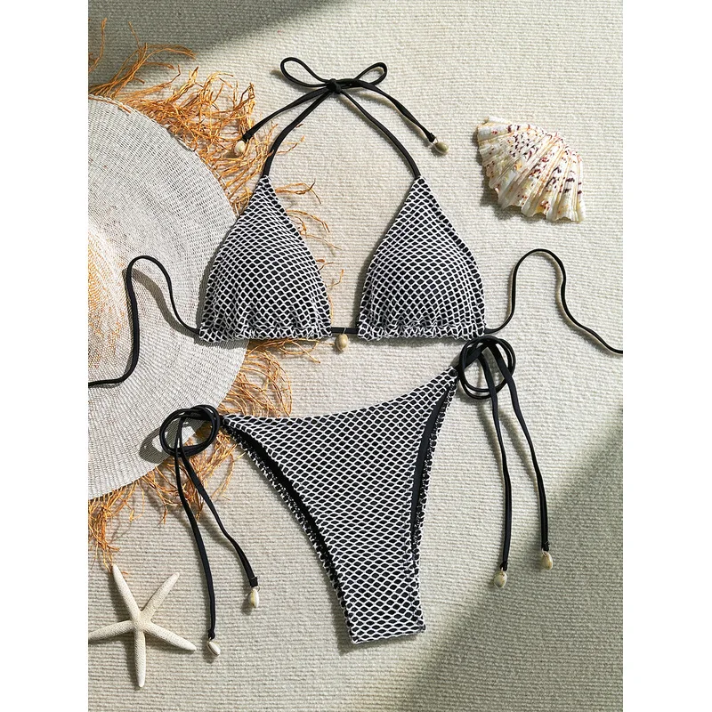 2026 Women Sheer Mesh Shell Halter Neck Bikini Solid Color Sexy Swimsuit Beach Vacation Two Piece Bathing Suit Outdoor Swimwear