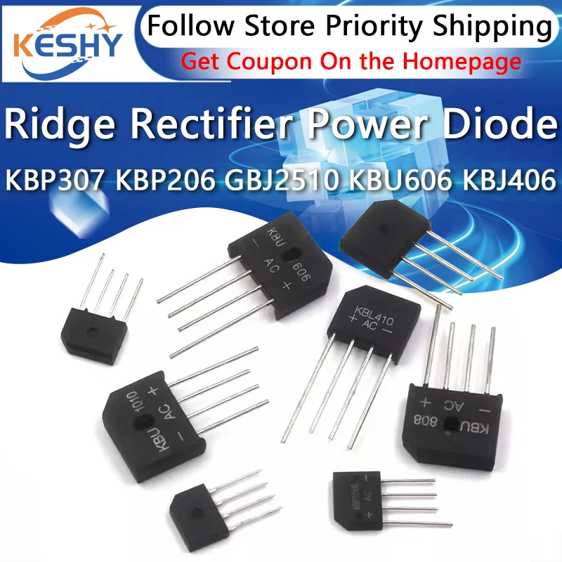 

5PCS KBP307 Ridge Rectifier Power Diode KBP 206 208G 210 306G 310 GBJ2510 KBU 606 610 808G 810 1010 KBJ 406 610G 3510 KBL 608 41