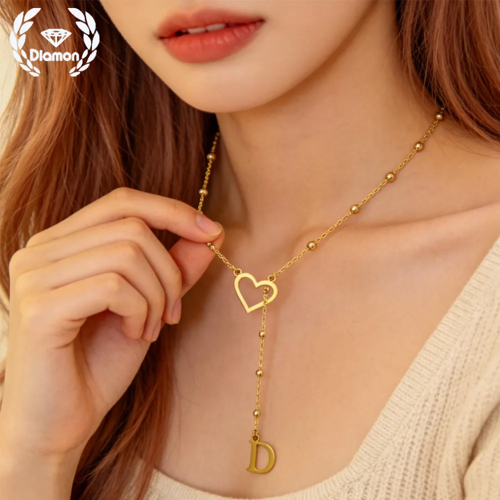 

Diamon Personalized Heart Lariat Necklace Custom Name Initial Drop Stainless Steel Pendant for Women Girls Valentine's day Gifts
