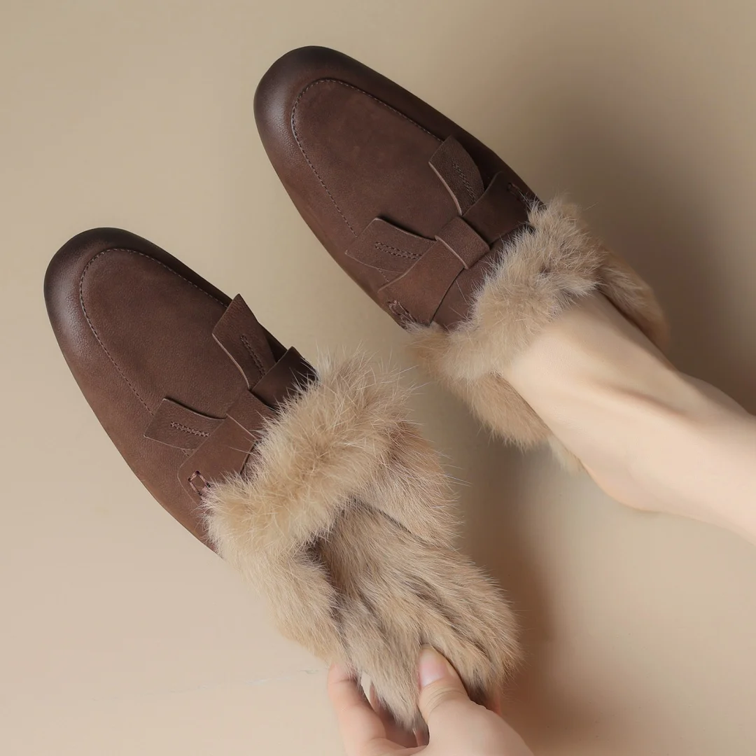 Large size 41 women's sheepskin rabbit fur slip-on flats winter mules round toe sweet bowtie casual cold weather female slides