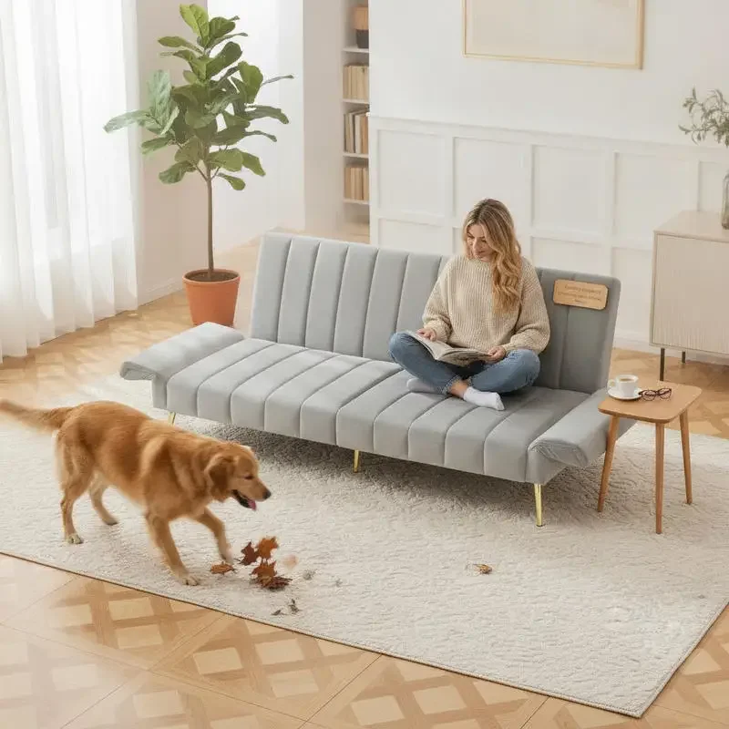 Canapé-lit 83,57 x 64,52 x 34,04 cm en velours avec structure en bois et pieds en métal, dossier et accoudoirs inclinables, multifonctionnel pour salon, chambre, appartement, style scandinave moderne