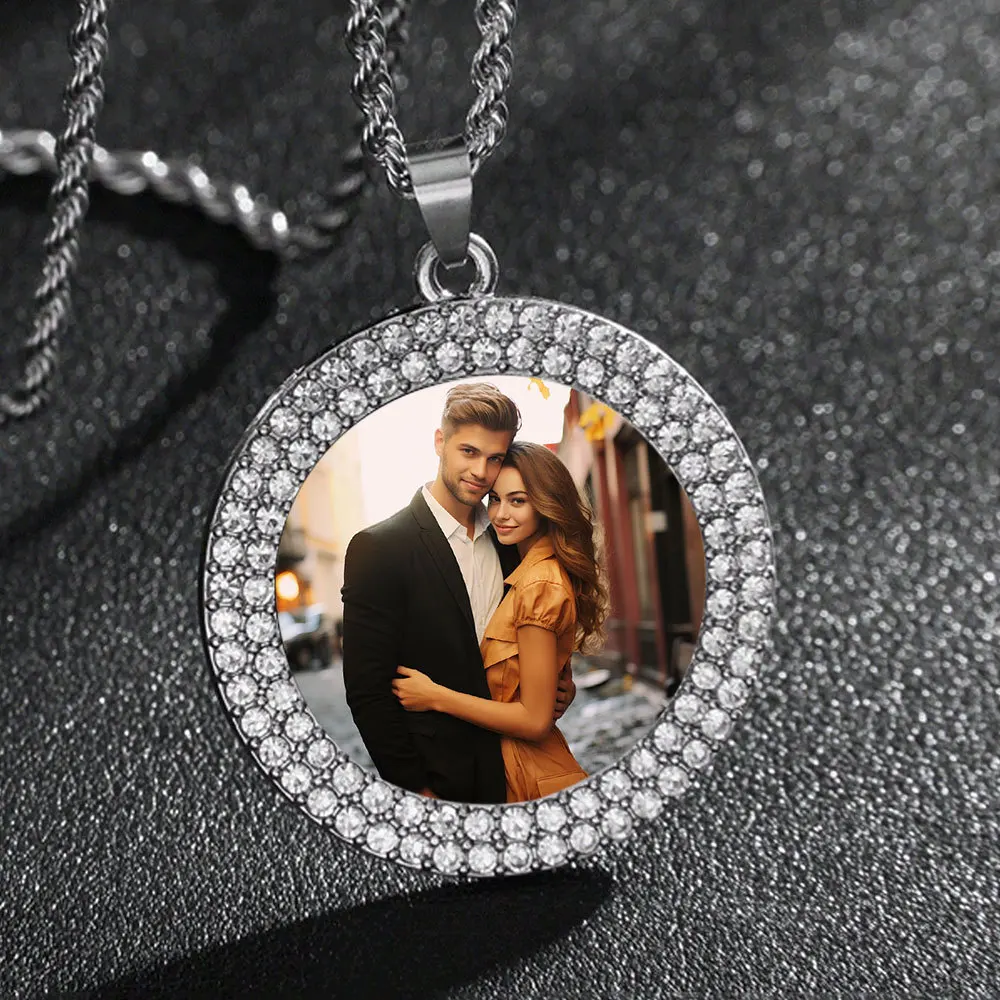 

Custom Photo Memory Necklace - Personalized Iced Out Hip Hop Pendant with Zircon - Stainless Steel Bling Hip Pop Jewelry Gift