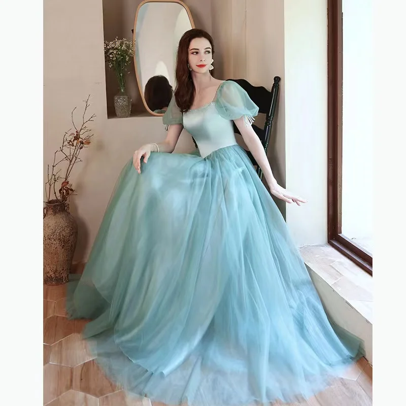 Romântico vestido de noite verde para mulher gola quadrada plissado a linha elegante puff manga fina até o chão tule festa de formatura vestidos