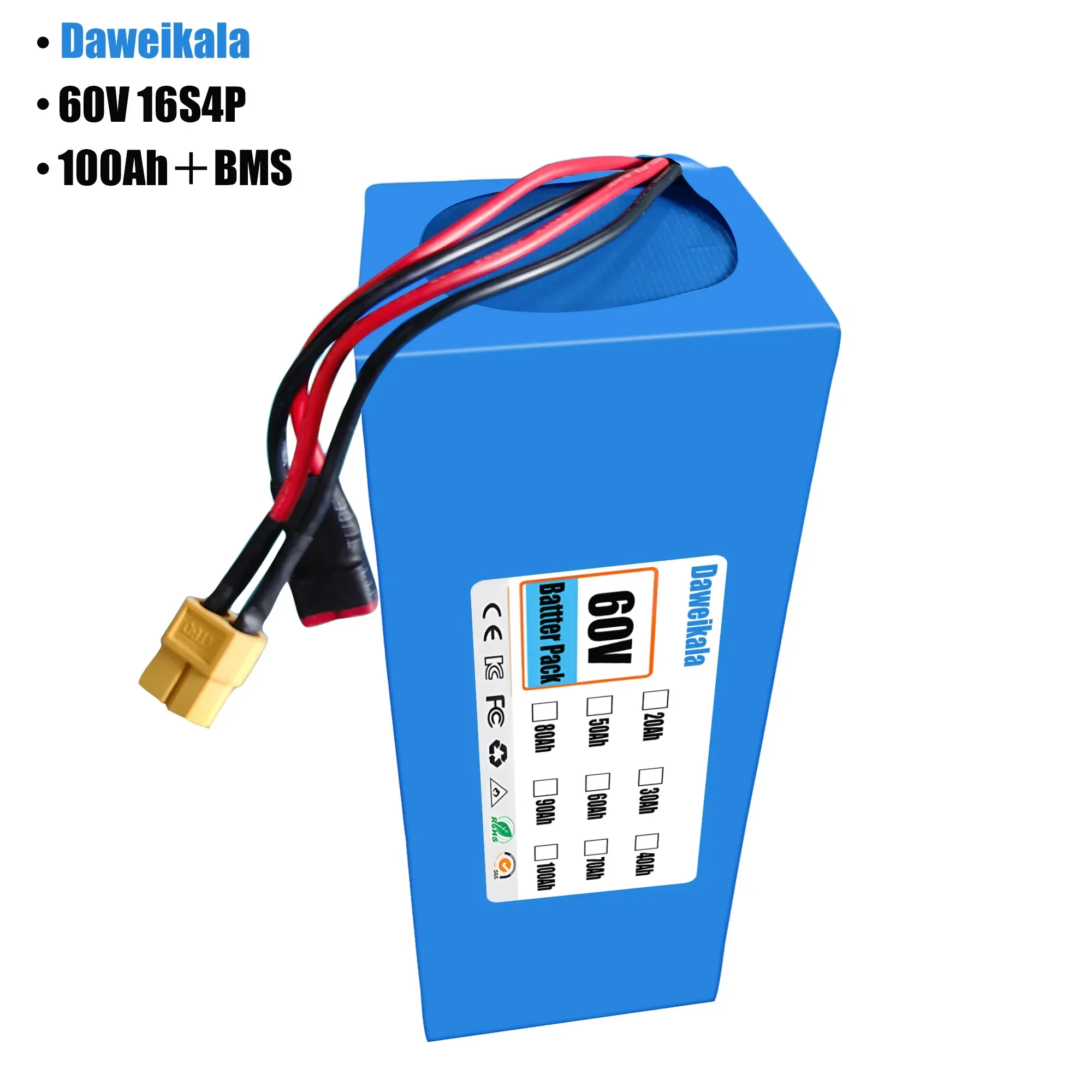 100Ah  60V 16s4p lithium-ion battery pack 60V 100000mAh 2000W electric battery, built-in 50A BMS+charger