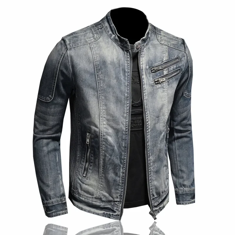 Military Denim Jacket Men Spring Autumn Motorcycle Slim Fit Cowboy Jackets Mens Vintage Wash Oblique Zipper Jean Coats Size 4XL