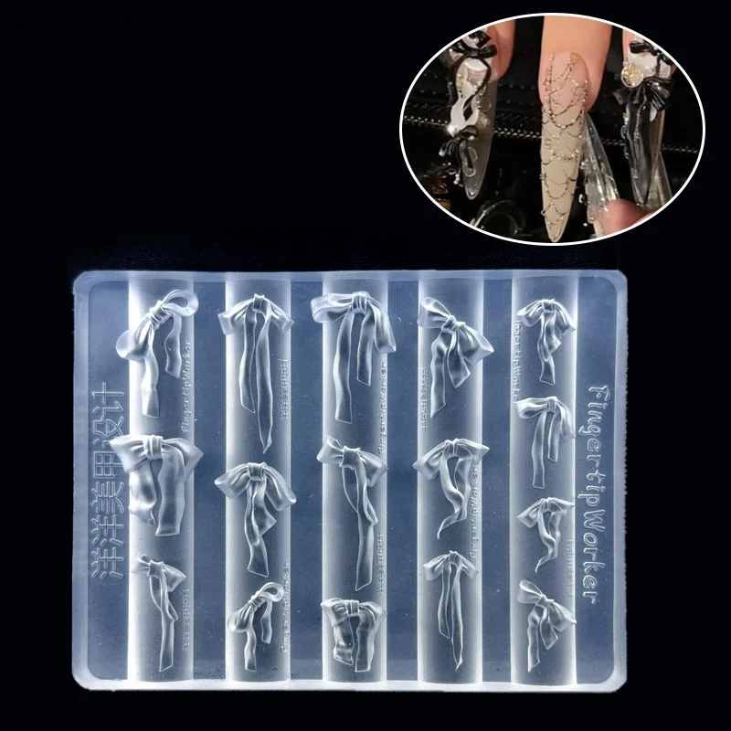 Molde de silicona para uñas con lazo 3D, cinta con forma de tamaño mixto, placas de estampado suave, pajarita Kawaii, herramientas de molde artístico para manicura DIY