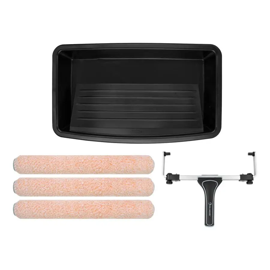 

Набор из 5 предметов: 18-дюймовый валик для покраски, 18-дюймовый лоток для краски, широкий 18-дюймовый валик для покраски, 3 микрофибровых валика-направляющих для валиков.