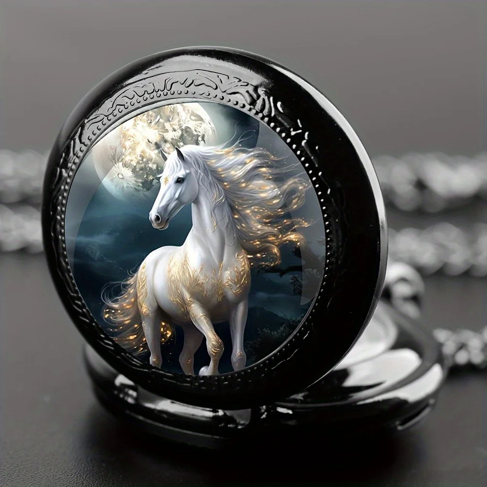 Retro Unique Silvery Horse Animal Design Necklace Pendant Quartz Pocket Watch, Cool Exquisite Accessory for Men Women and Kids