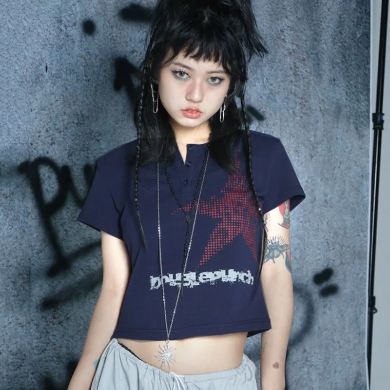 Karrcat Punk Gothic Crop Tops Grunge Y2k Aesthetics Short Sleeve T-shirt Japanese Harajuku E-girl Tops 00s Mall Goth Streetwear