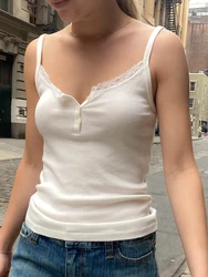 Vintage White Lace Slim Crop Top Women Summer Casual Sleeveless Button Camis Blouses Sweet Chic Soft Cotton Tops Women 2024