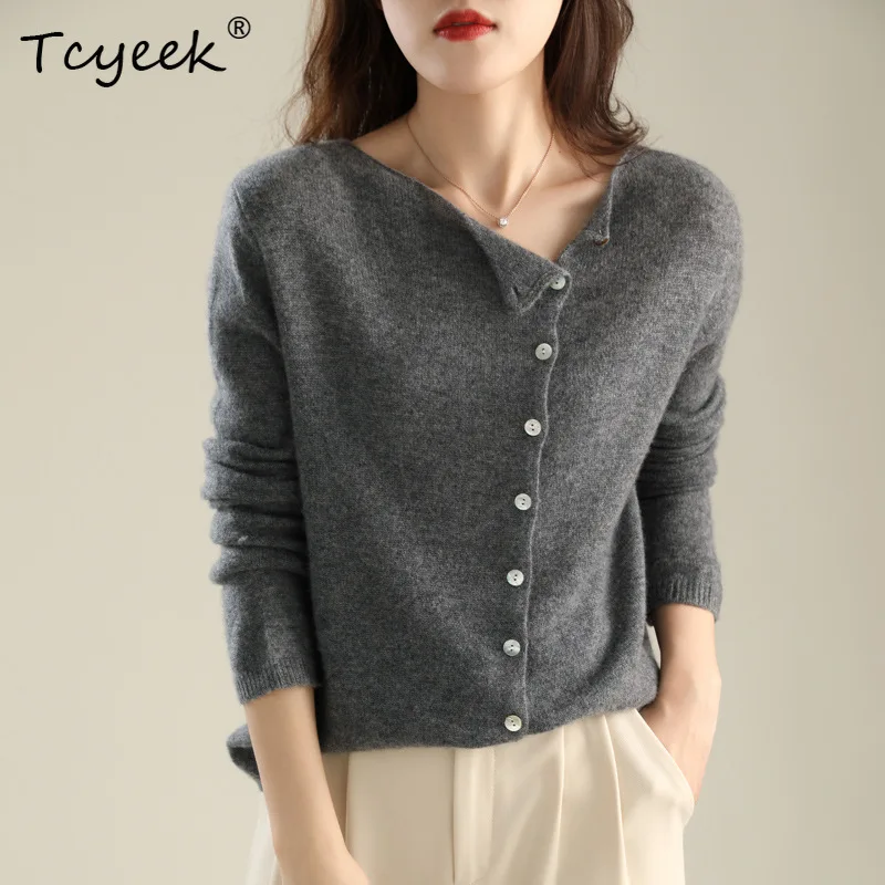 

Tcyeek 30%Cashmere 70%Wool Basic Sweater Women's Solid Color Short Cardigan New Low Round Neck Thin Knitted Outwear T3N379QC