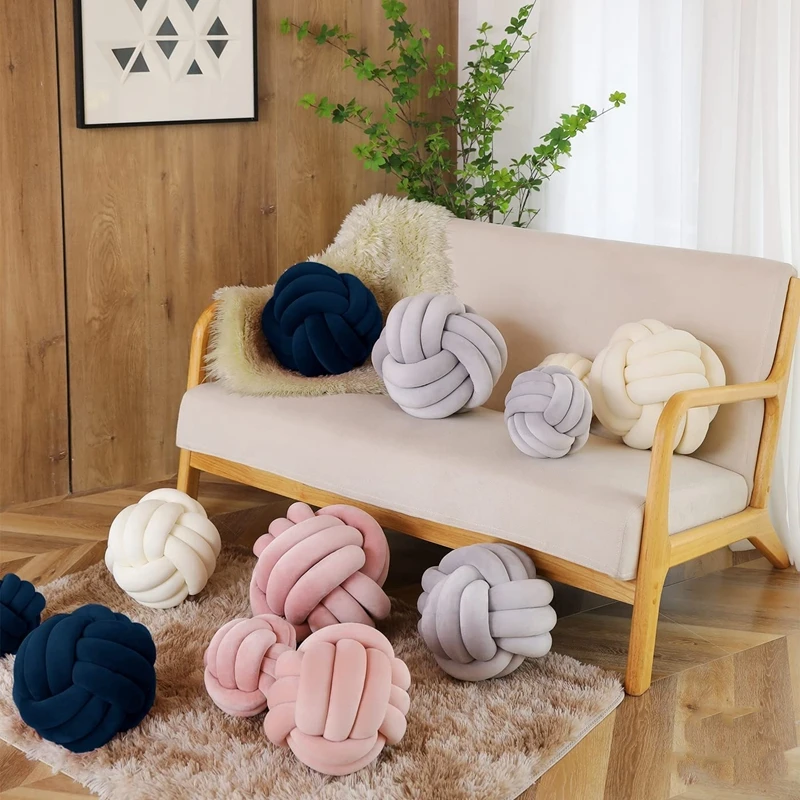 Art Decor Knot Ball Wurfkissen, handgefertigt, weicher Samt, großes Kissen, modernes und gemütliches dekoratives Weihnachtskissen für Zuhause, Sofa, Weiß – Detail 7
