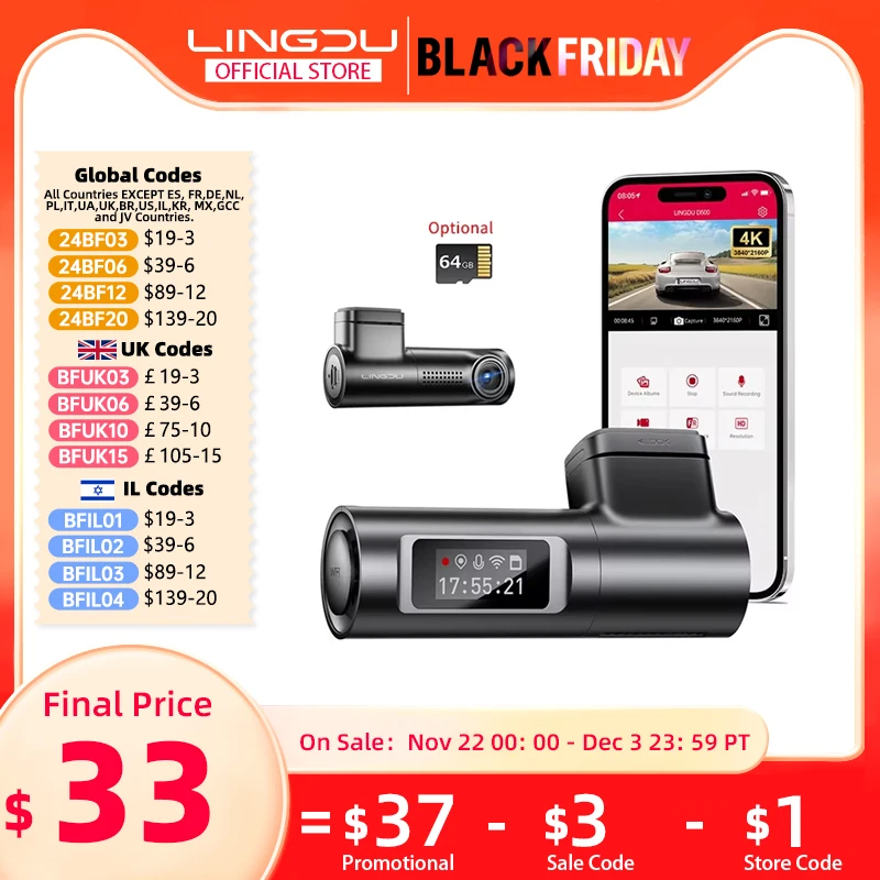 LINGDU 4K Dash Cam D500 Ultra HD Front Car Camera Built-in GPS Record Car DVR 24H Parking Monitor 150°FOV WIFI APP Voice Control