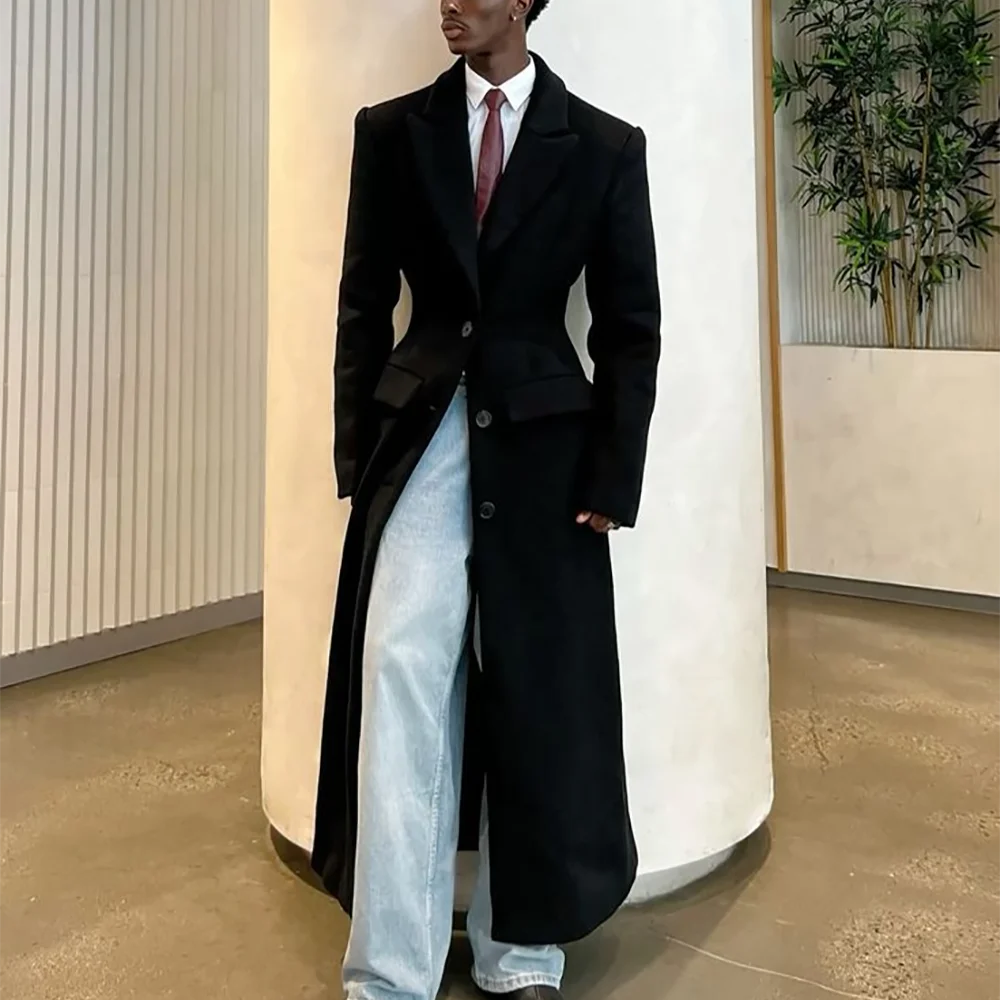 Men's Black Wool Suit Jacket 1 Piece Long Overcoat Notched Lapel Single Breasted Slim Fitted Formal Business Casual Outerwear