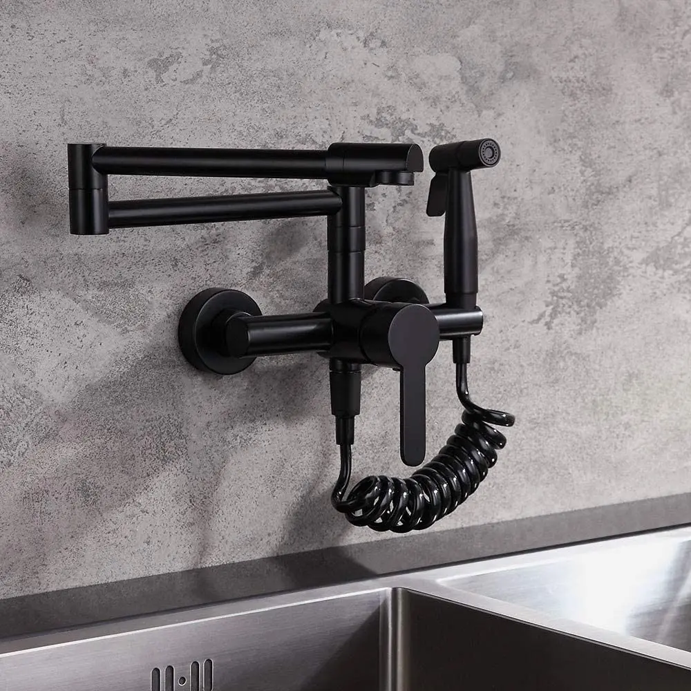 

Black Pot Filler Kitchen Sink Faucet with Sprayer, Modern Single Handle Retractable Wall-Mount Pot Filler Faucet with Swing arm