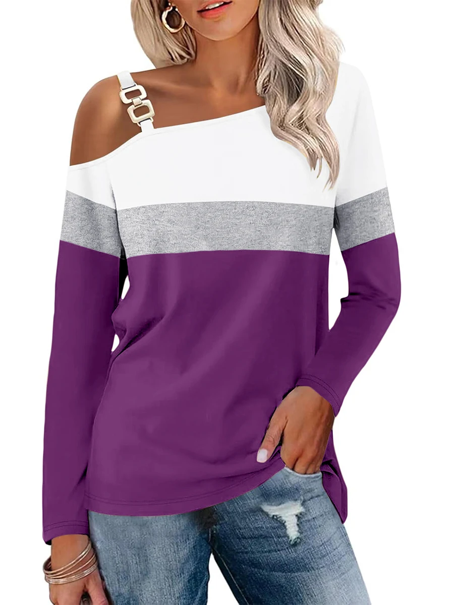 Latest Plus Size Women Autumn Winter Long Sleeve T-shirts Off Shoulder Color Block Casual Loose Blouse Pullover Tops Female