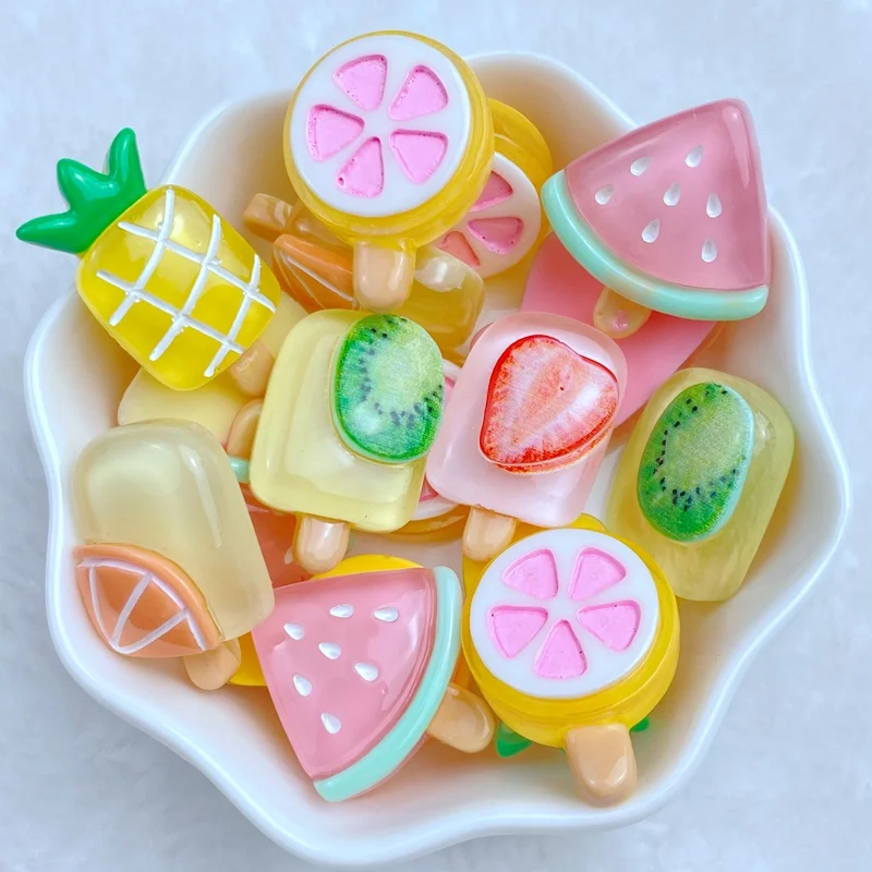 10Pcs New Cute Resin Mixed Fruit Popsicles Series Flat Back Fit Phone Deco Parts Embellishments For Hair Bows Accessories